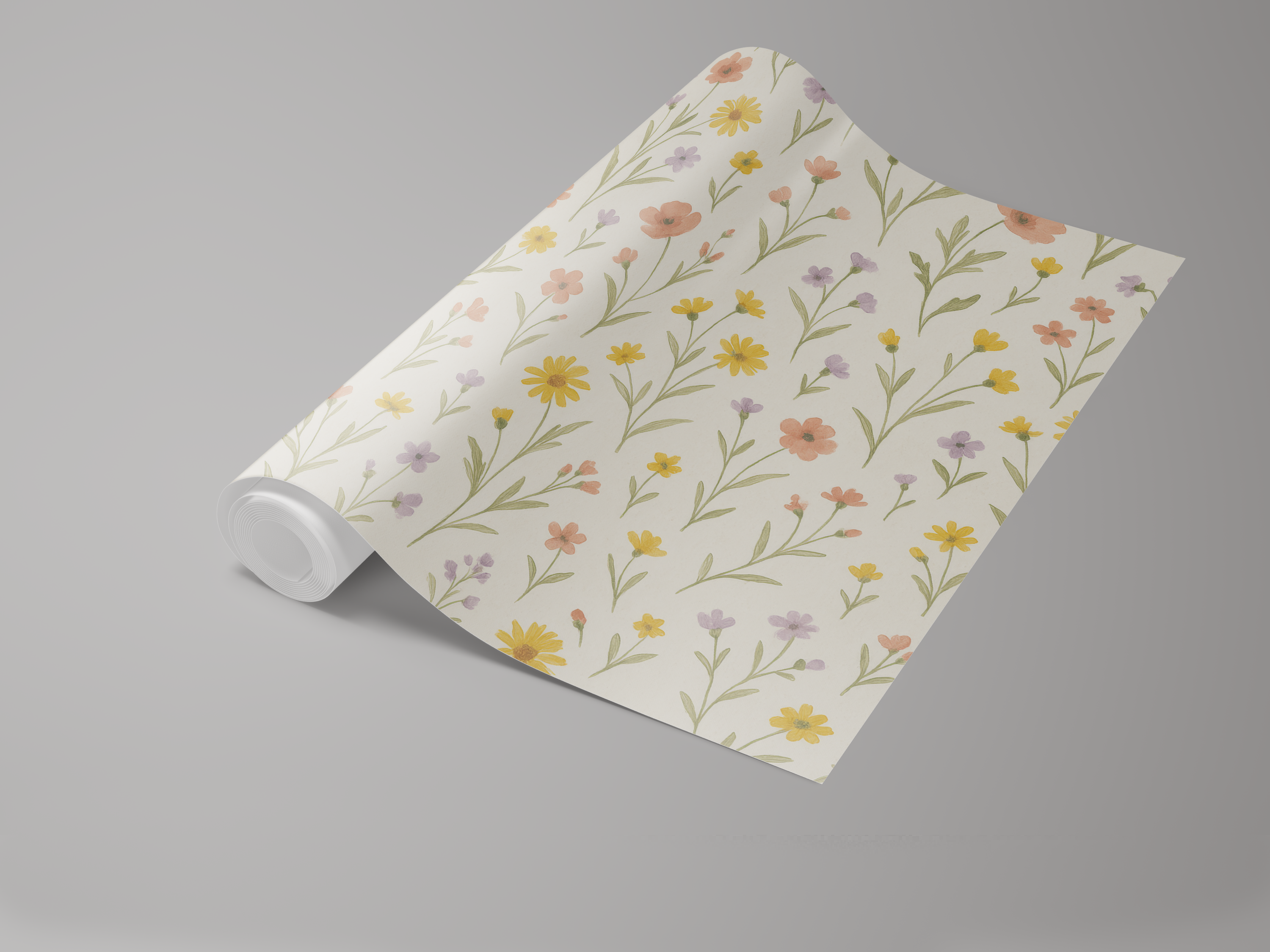 Floral wallpaper with wildflowers pattern on a roll.