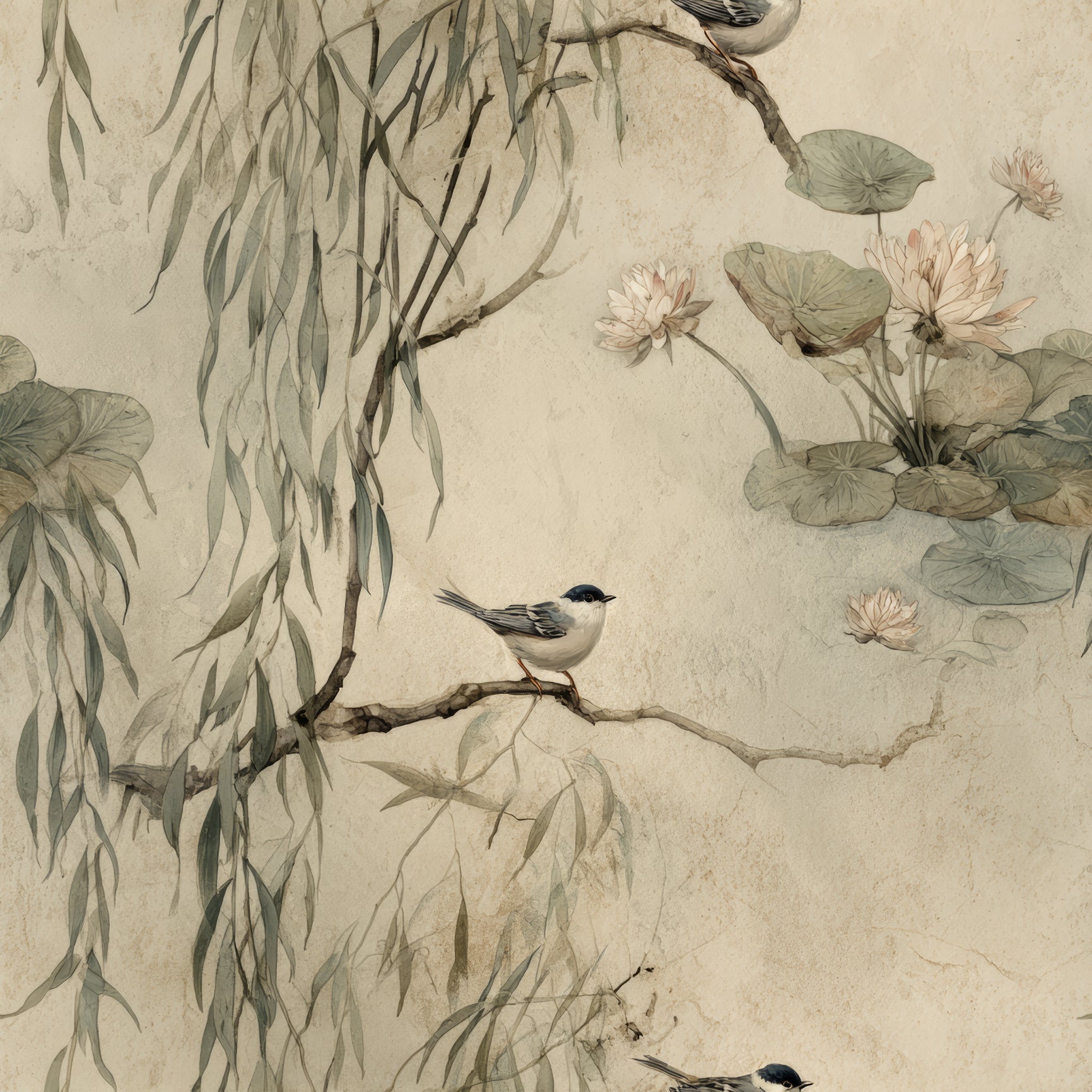 Willowshade Sanctuary wallpaper with birds and water lilies, featuring a watercolor style.