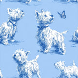Blue and white Westies wallpaper with dog pattern and butterfly illustration.