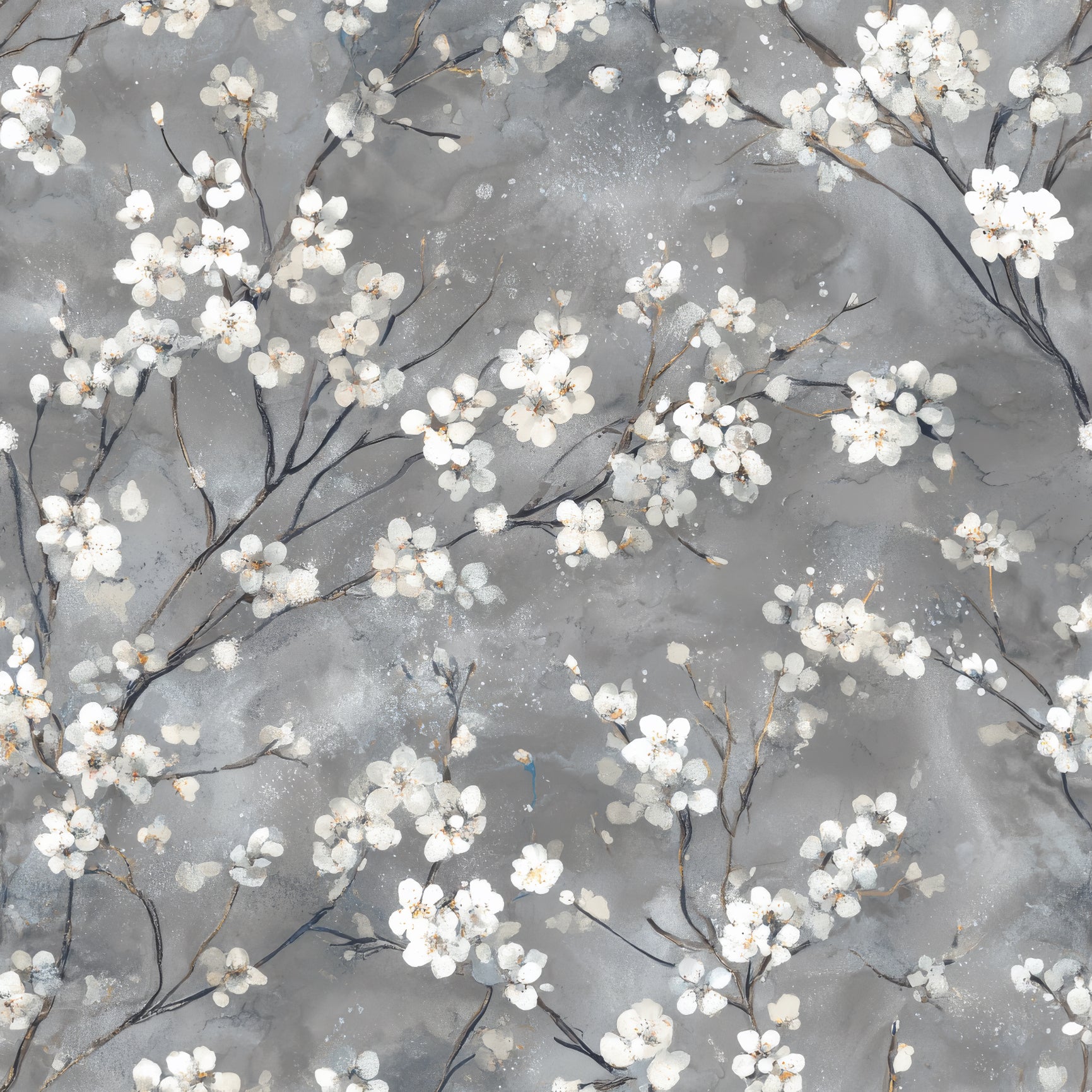 Gray floral wallpaper with branches by Wallshoppe featuring white blossoms.