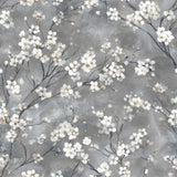 Gray floral wallpaper with branches by Wallshoppe featuring white blossoms.