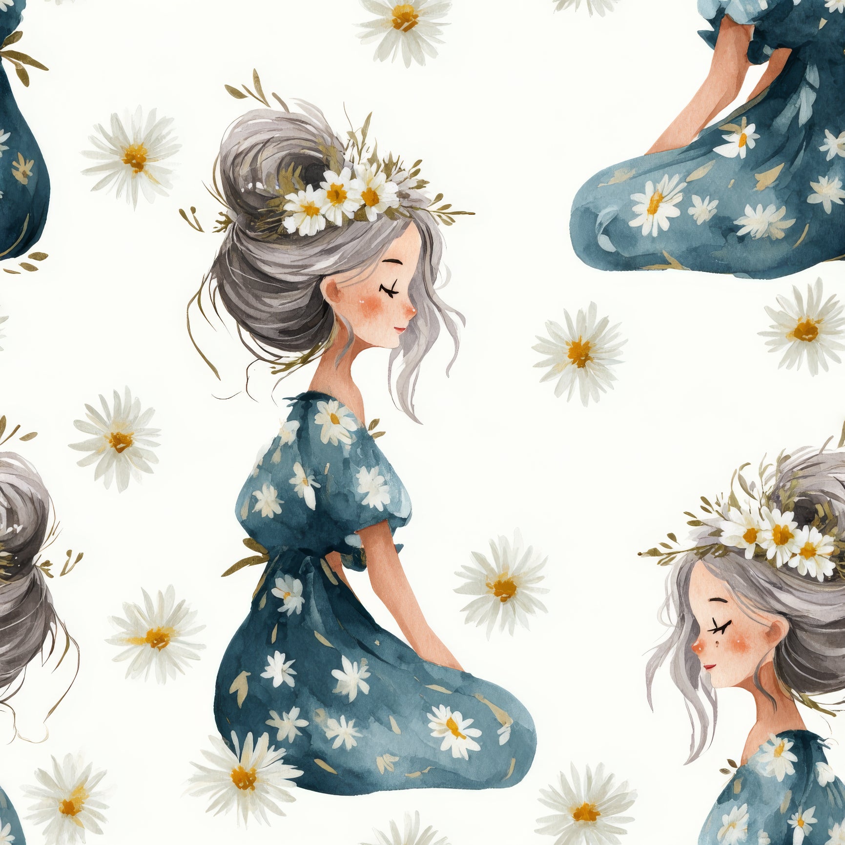 Daisie wallpaper with daisy pattern by Wrenfield, featuring illustration of a woman with a daisy crown.