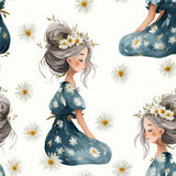 Daisie wallpaper with daisy pattern by Wrenfield, featuring illustration of a woman with a daisy crown.