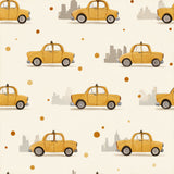 Wallpaper with yellow cab pattern, city silhouettes, and brown polka dots.