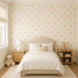 Dainty dots wallpaper with colorful polka dots on a light beige background.