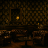 Art Deco Palm Wallpaper with gold leaf pattern, against a black textured background.