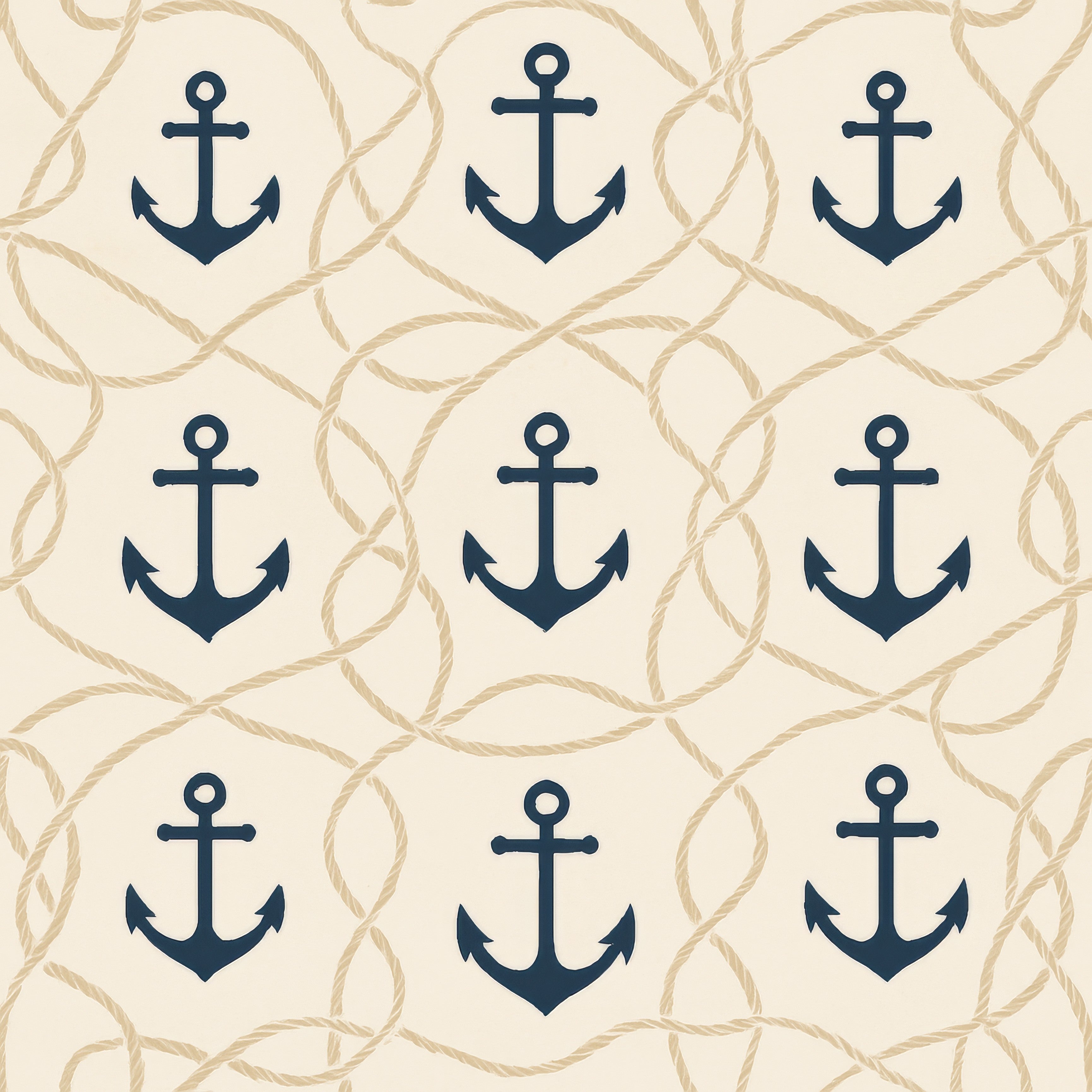 Nautical anchors wallpaper with a rope pattern on beige background.
