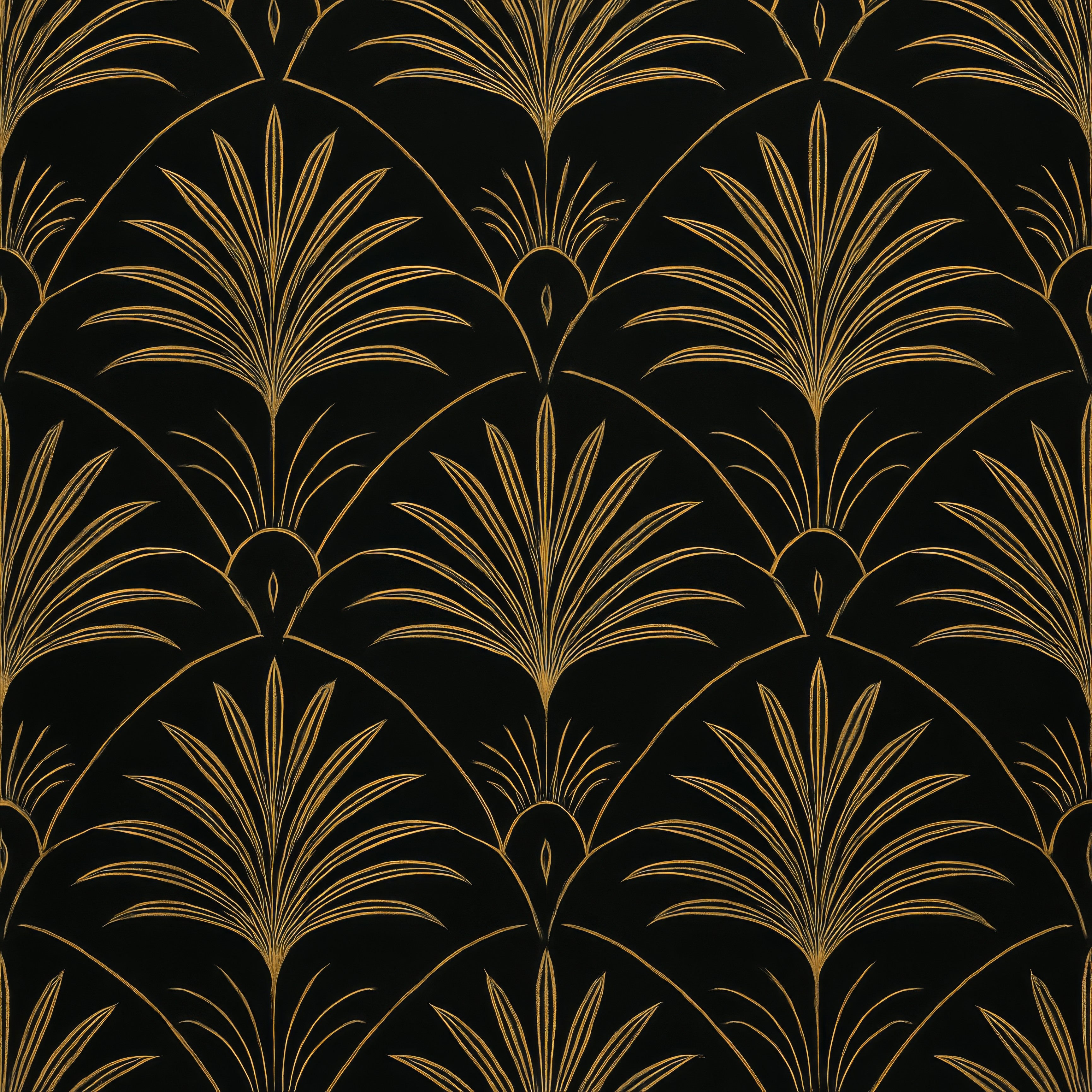Black wallpaper with radiating gold Art Deco palm motifs