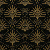 Art Deco palm wallpaper with golden lines from an elegant geometric pattern on a black background.
