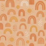Boho style bliss wallpaper with rainbows and suns, in orange and beige tones.