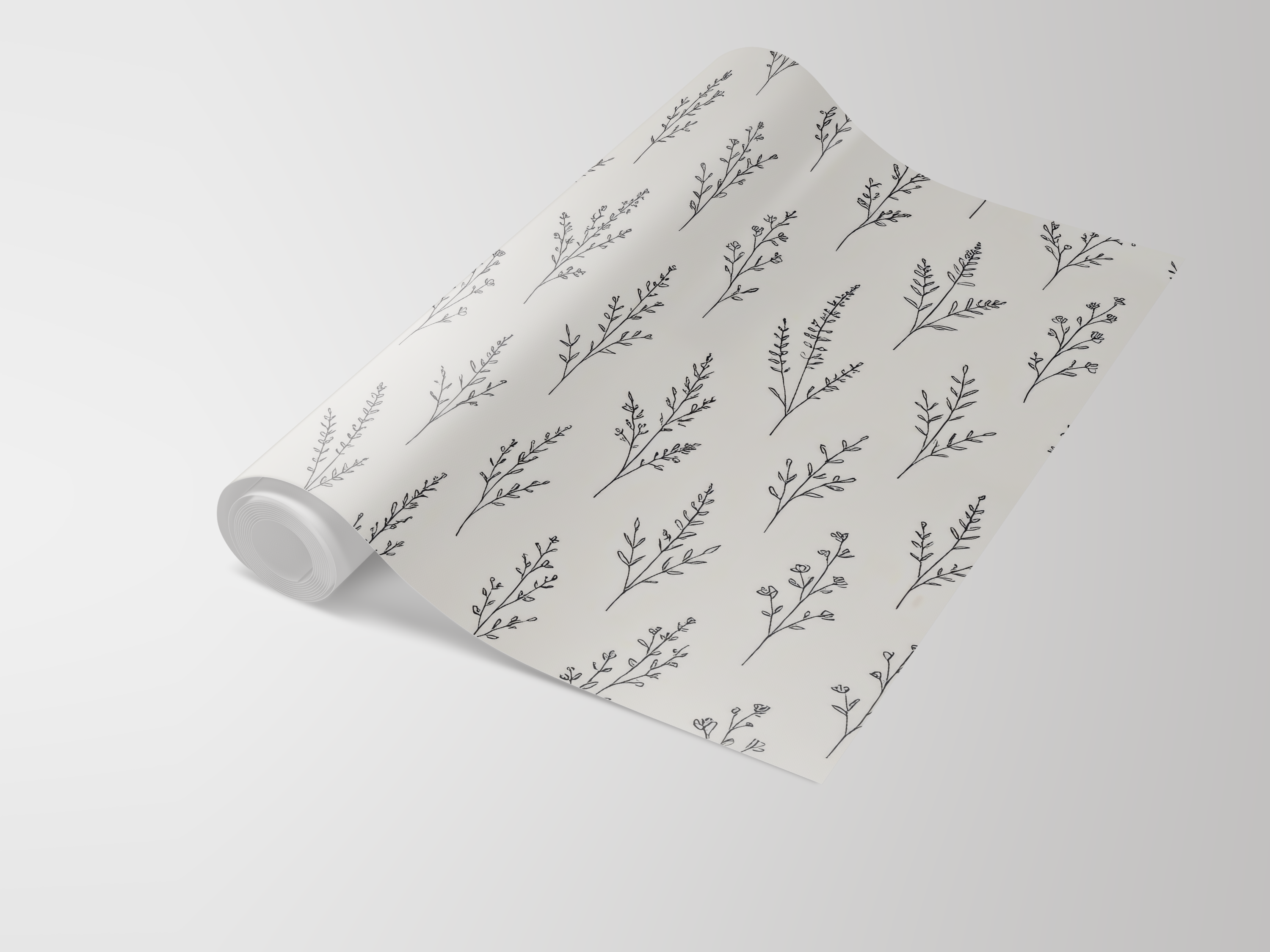 Botanical linework wallpaper with floral sprig pattern on a partially unrolled roll.