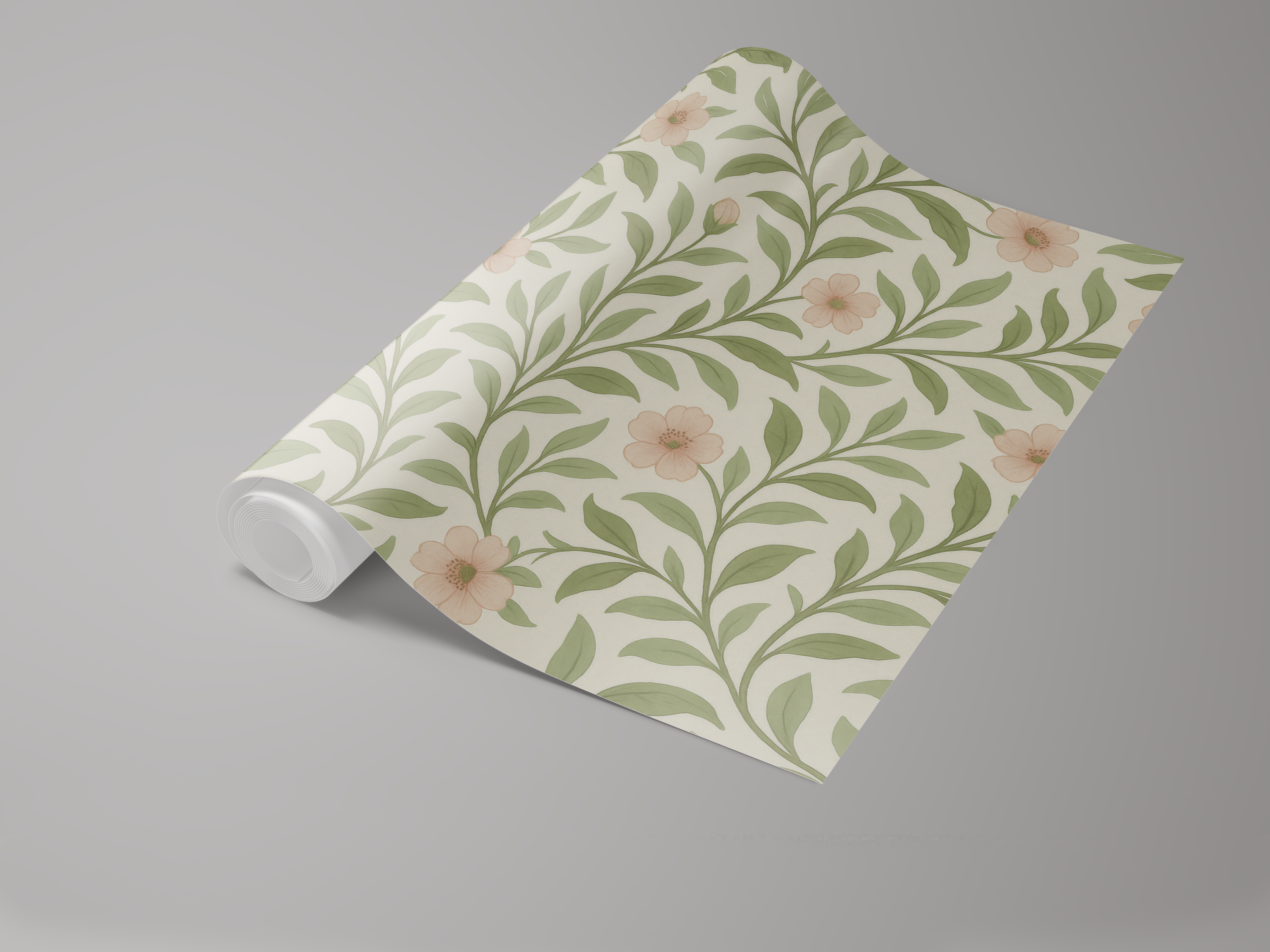Botanical Reverie wallpaper with light pink flowers and green foliage pattern.