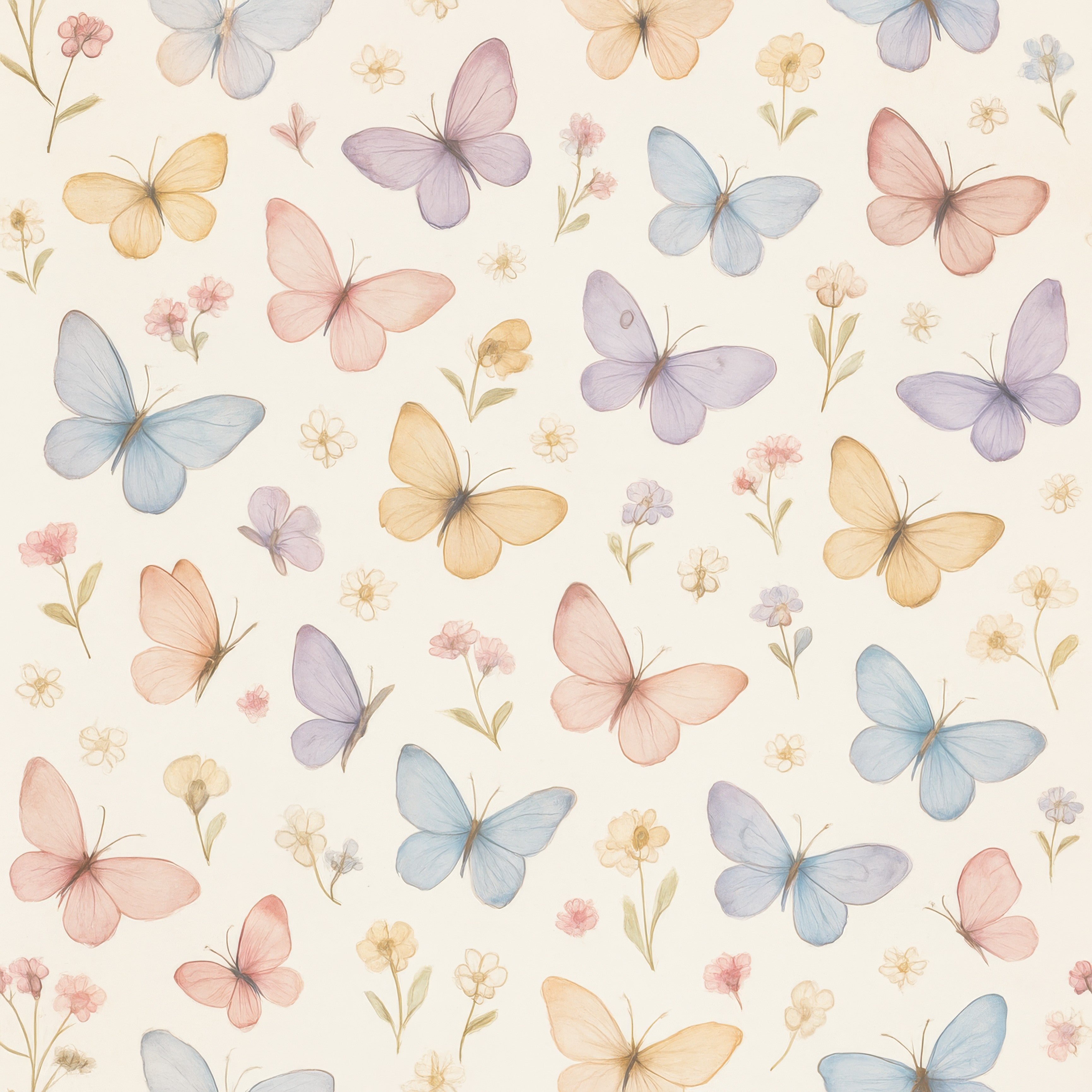 Butterfly Garden Wallpaper with butterfly and flower pattern in pastel colors.
