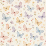 Butterfly Garden Wallpaper with butterfly and flower pattern in pastel colors.
