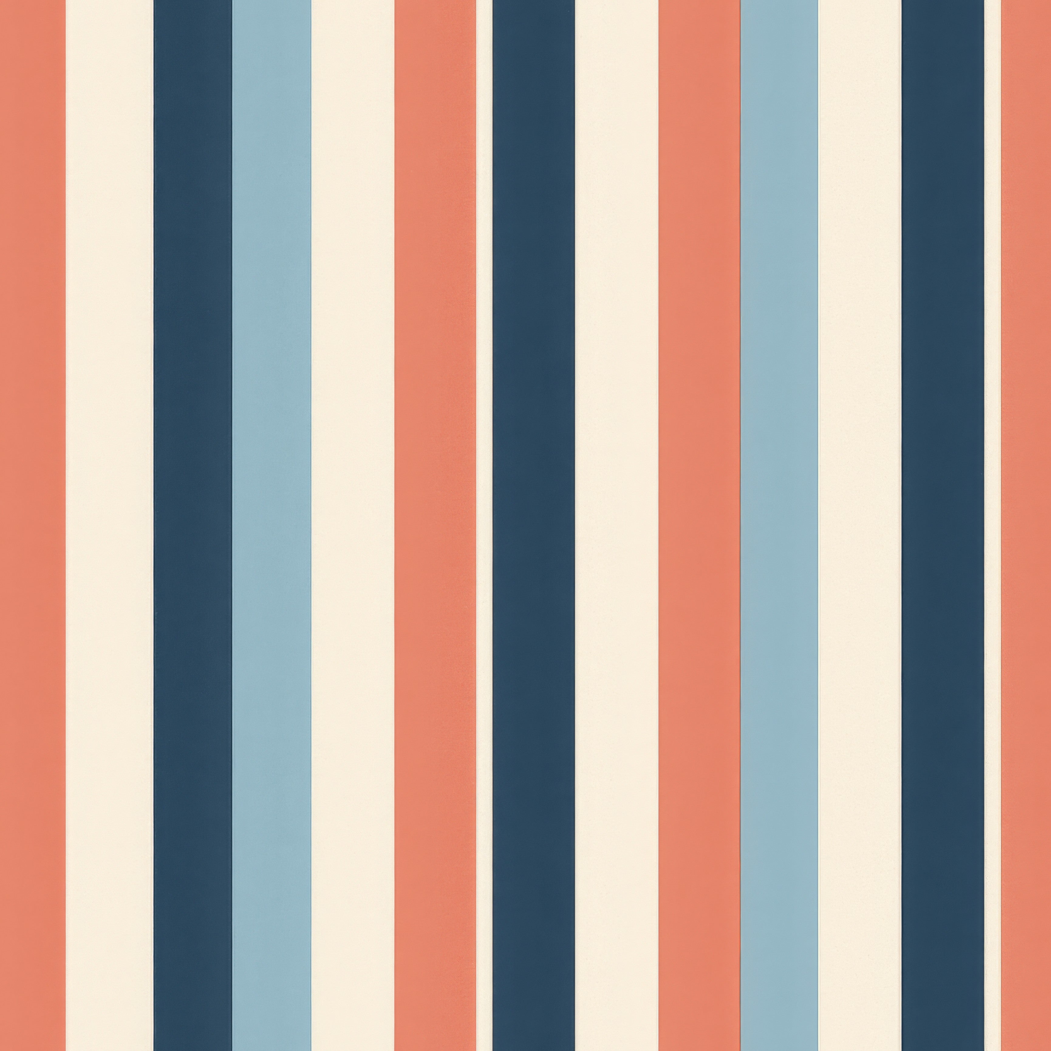 Striped cabana wallpaper with coral, blue and cream colors, forming vertical bands.
