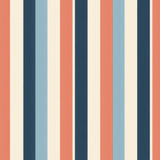 Striped cabana wallpaper with coral, blue and cream colors, forming vertical bands.