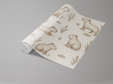Patterned wallpaper featuring capybara designs and pond foliage.