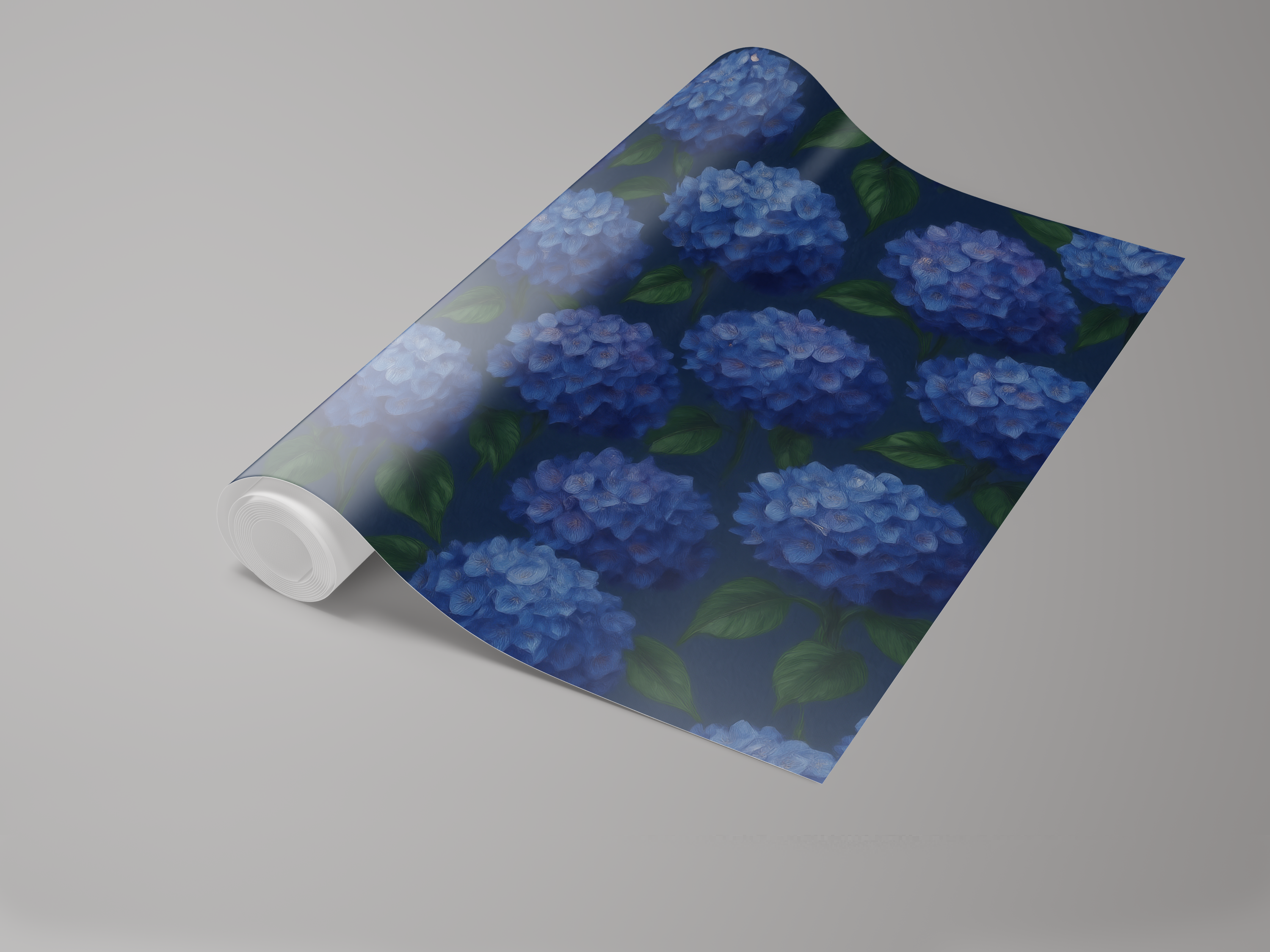 Blue floral wallpaper with hydrangeas pattern, cascading from a roll.