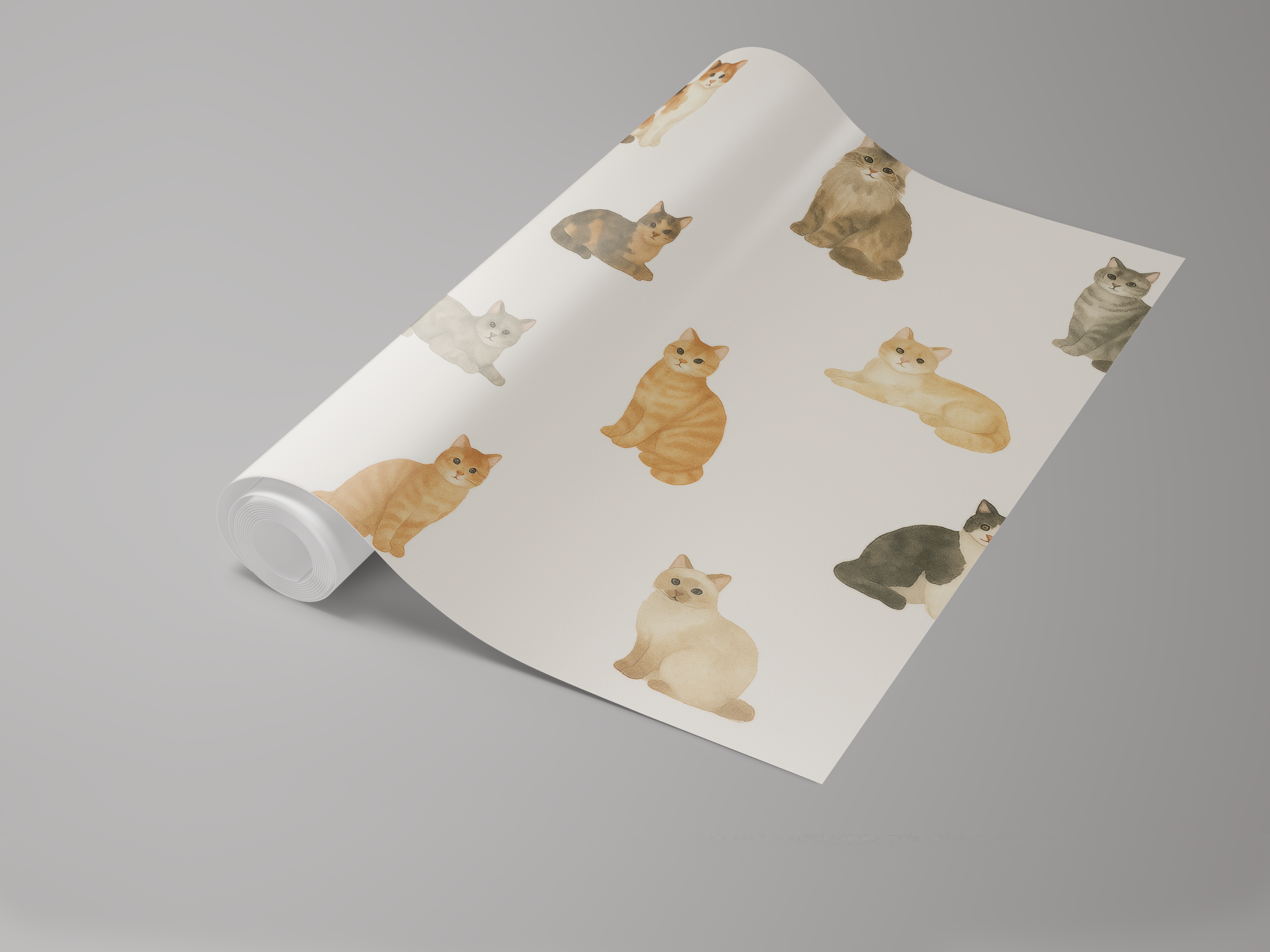 Patterned wallpaper by Cat's Meow featuring watercolor-style cats in various poses on a neutral background, rolled slightly.