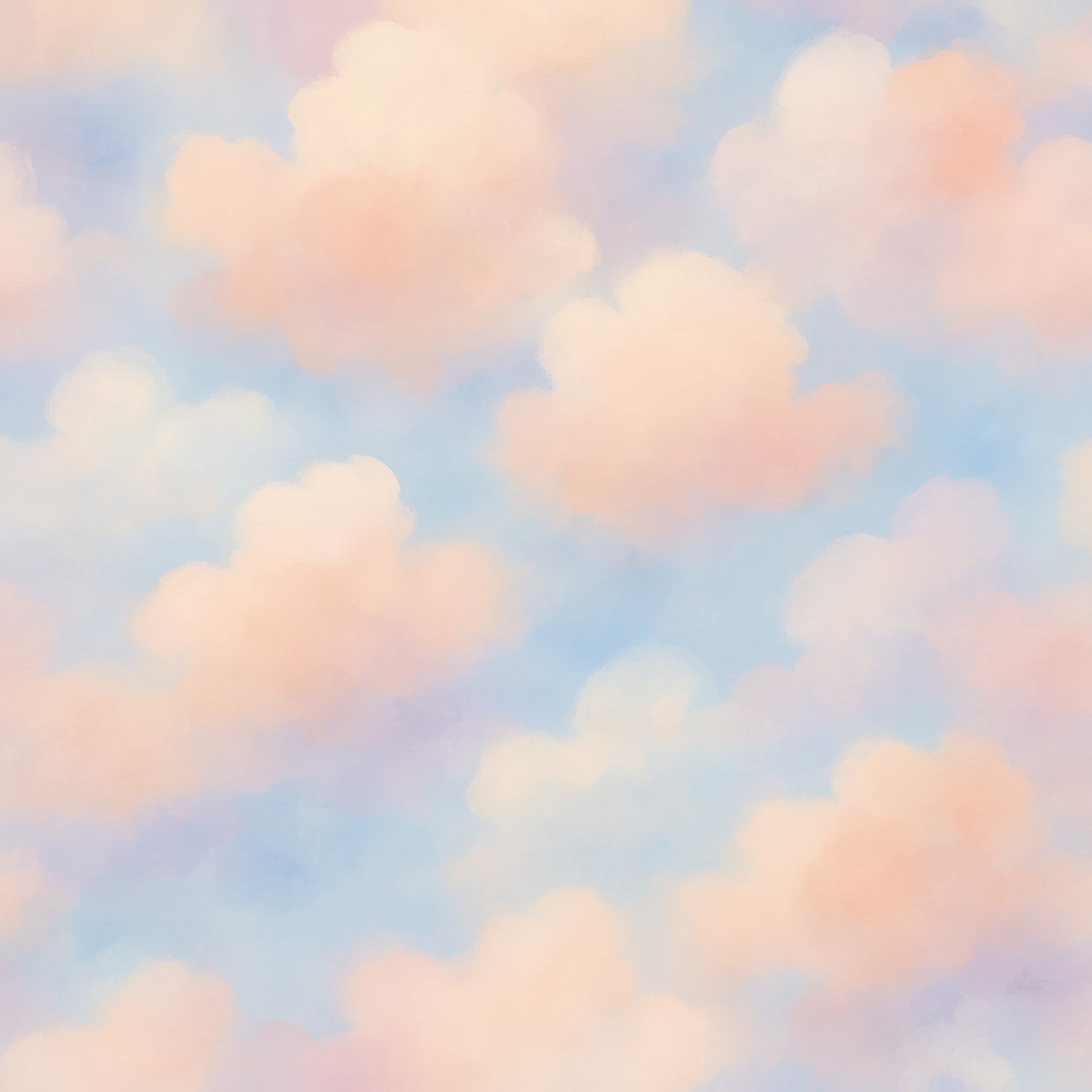 Cloudscape wallpaper with pink and blue pastel hues, creating an airy and calming atmosphere.