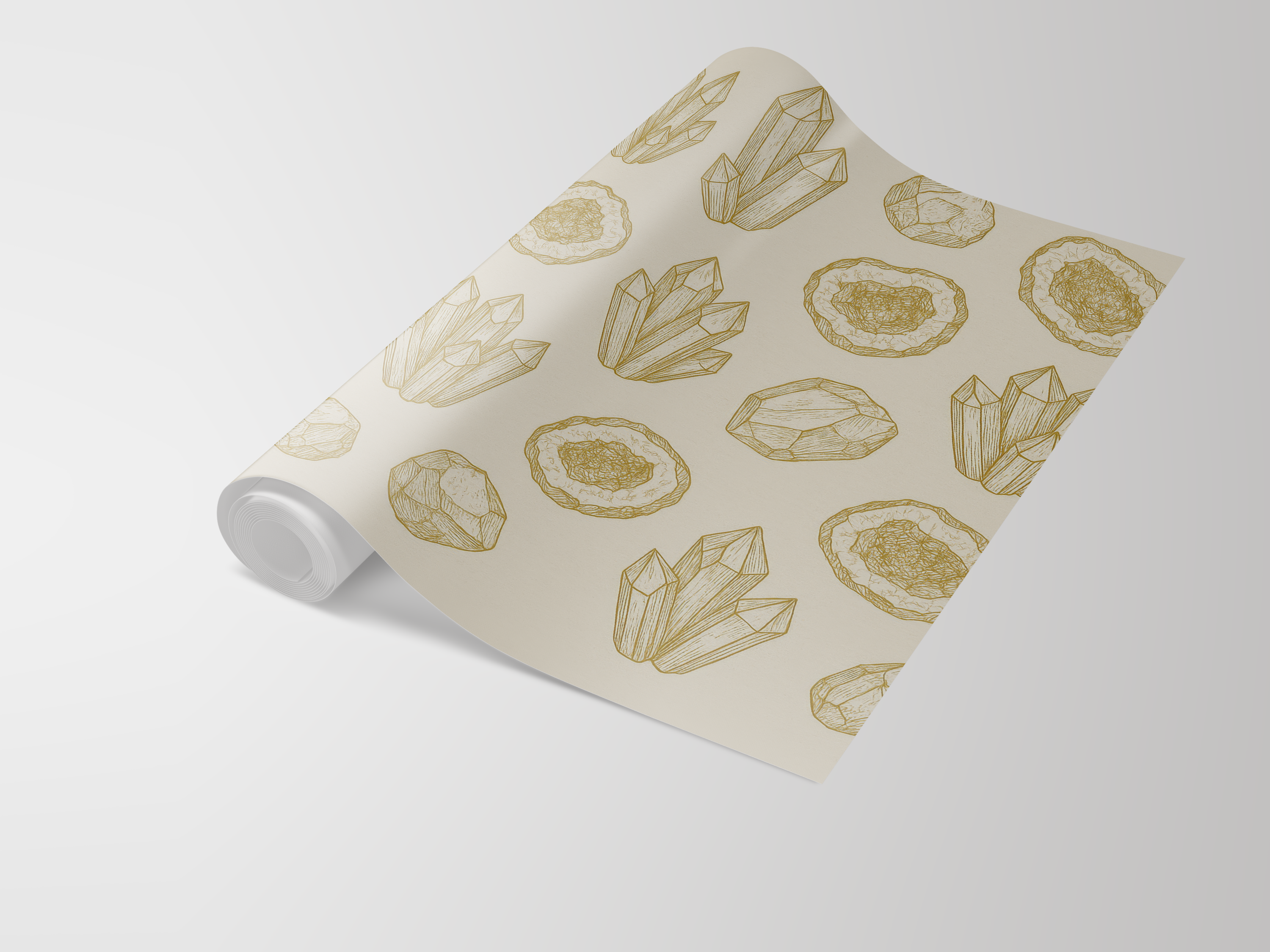 Neutral-colored wallpaper with crystal and geode pattern by, unrolled on a white surface.