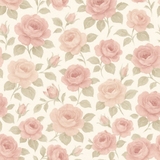 Floral wallpaper with pink rose pattern on a cream background.
