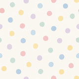 Polka dot wallpaper with pastel dots on a cream background.