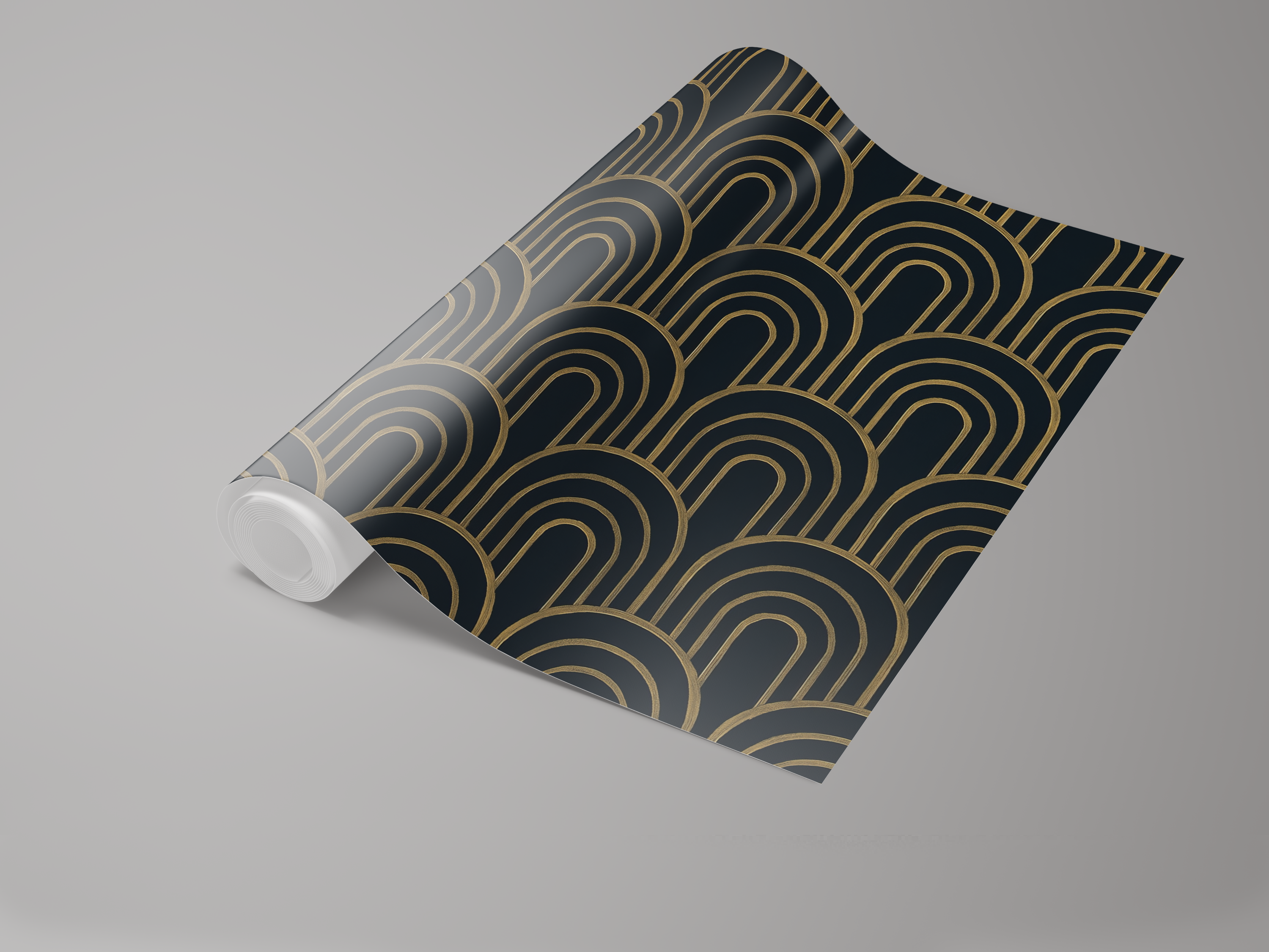 Roll of Deco Dawn wallpaper from Galerie, featuring a geometric art deco pattern with golden arches on a dark background.
