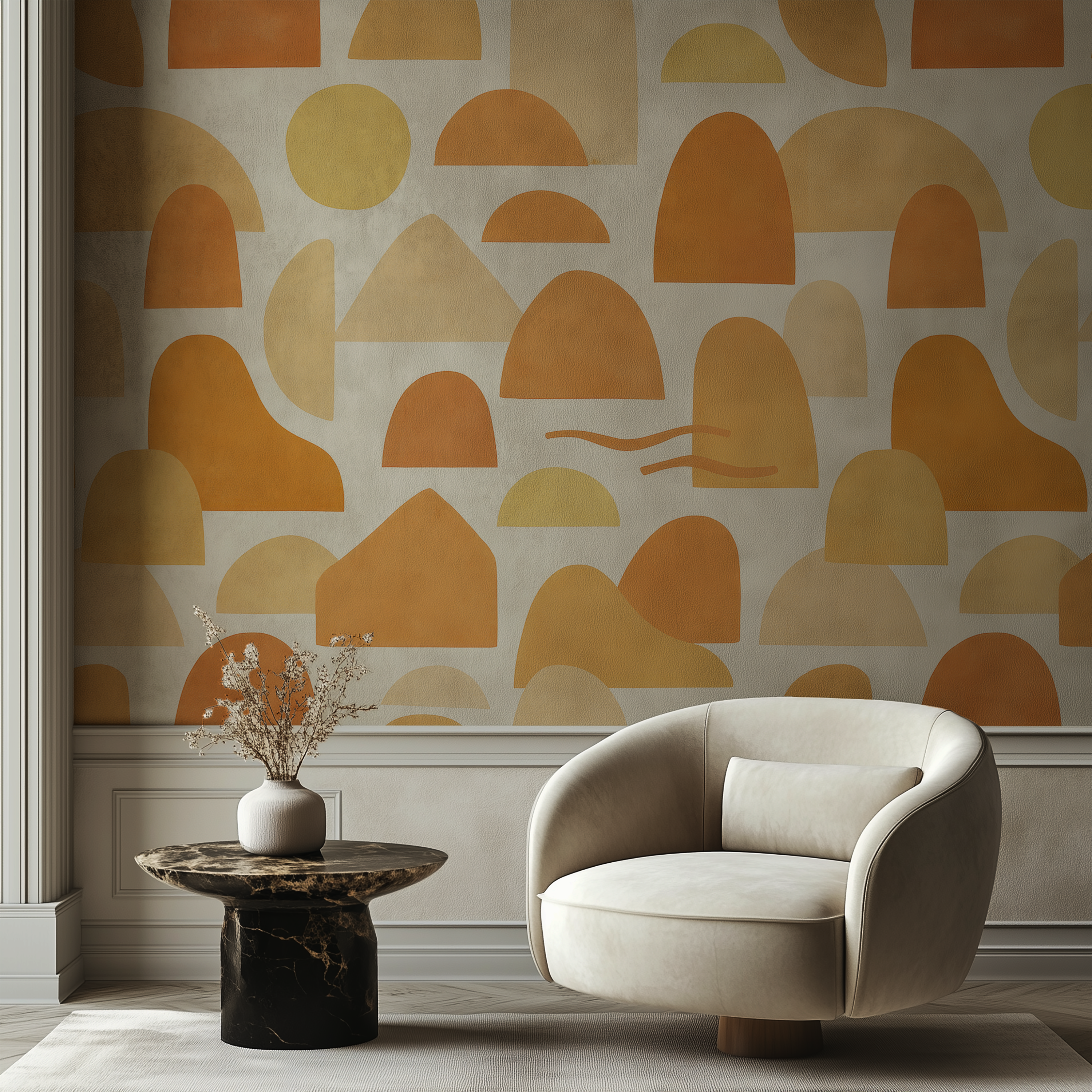 Desert Sunset Wallpaper with orange geometric shapes, textured finish, and mid-century modern pattern.