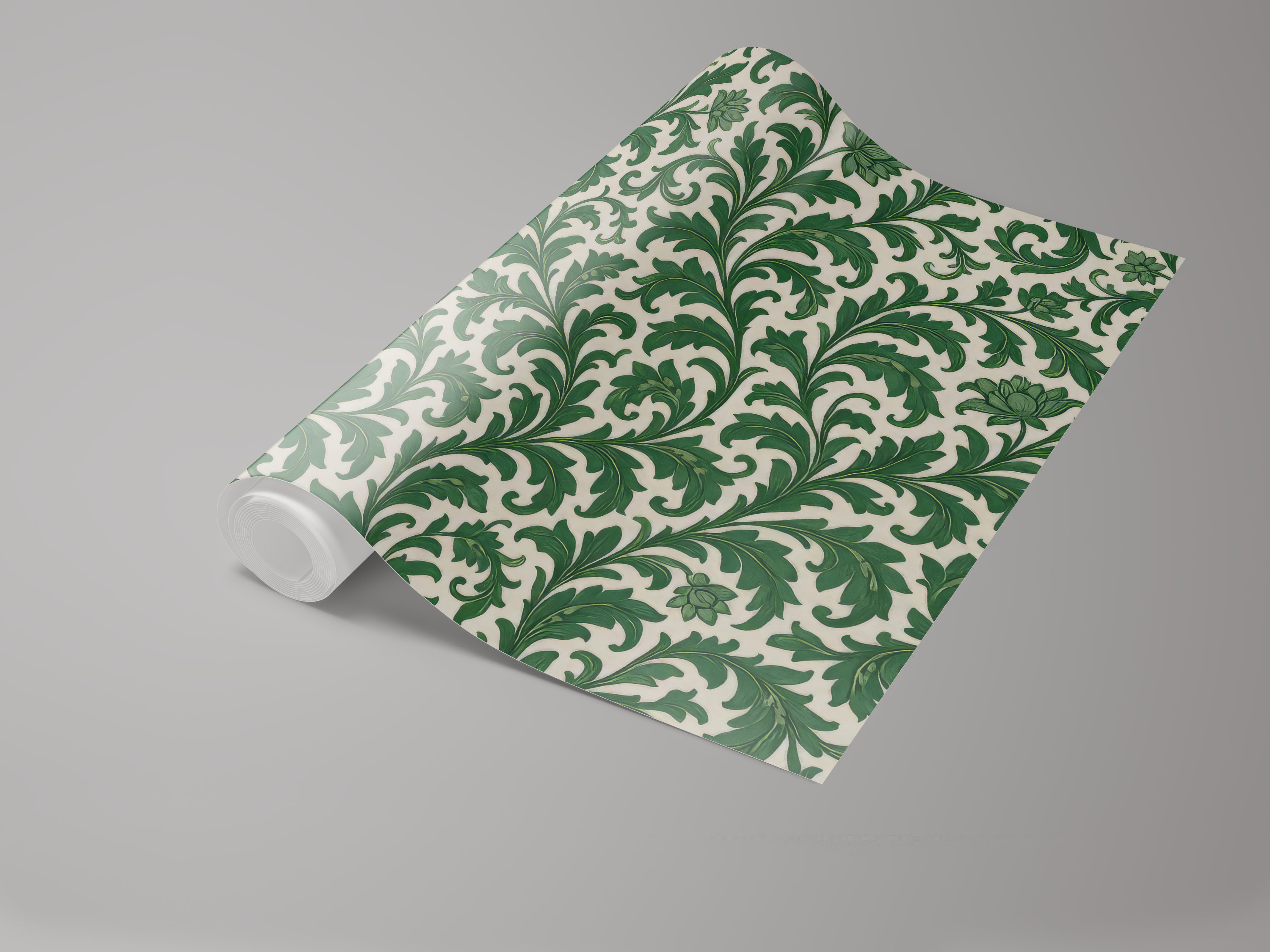 Green patterned wallpaper with botanical tapestry design on roll.
