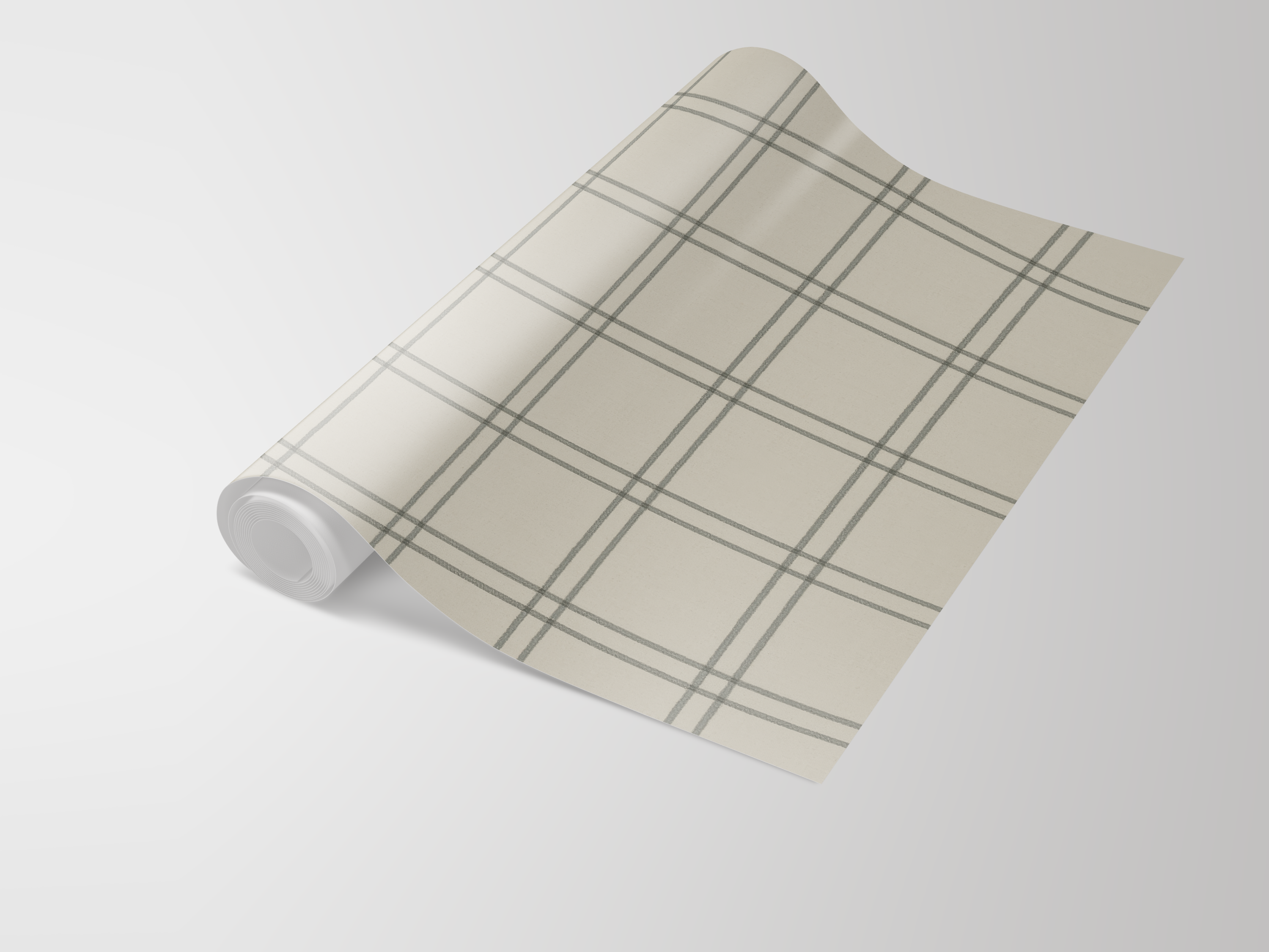 Roll of endearing plaid wallpaper by RoomMates, featuring a neutral backdrop with a subtle grey grid pattern.