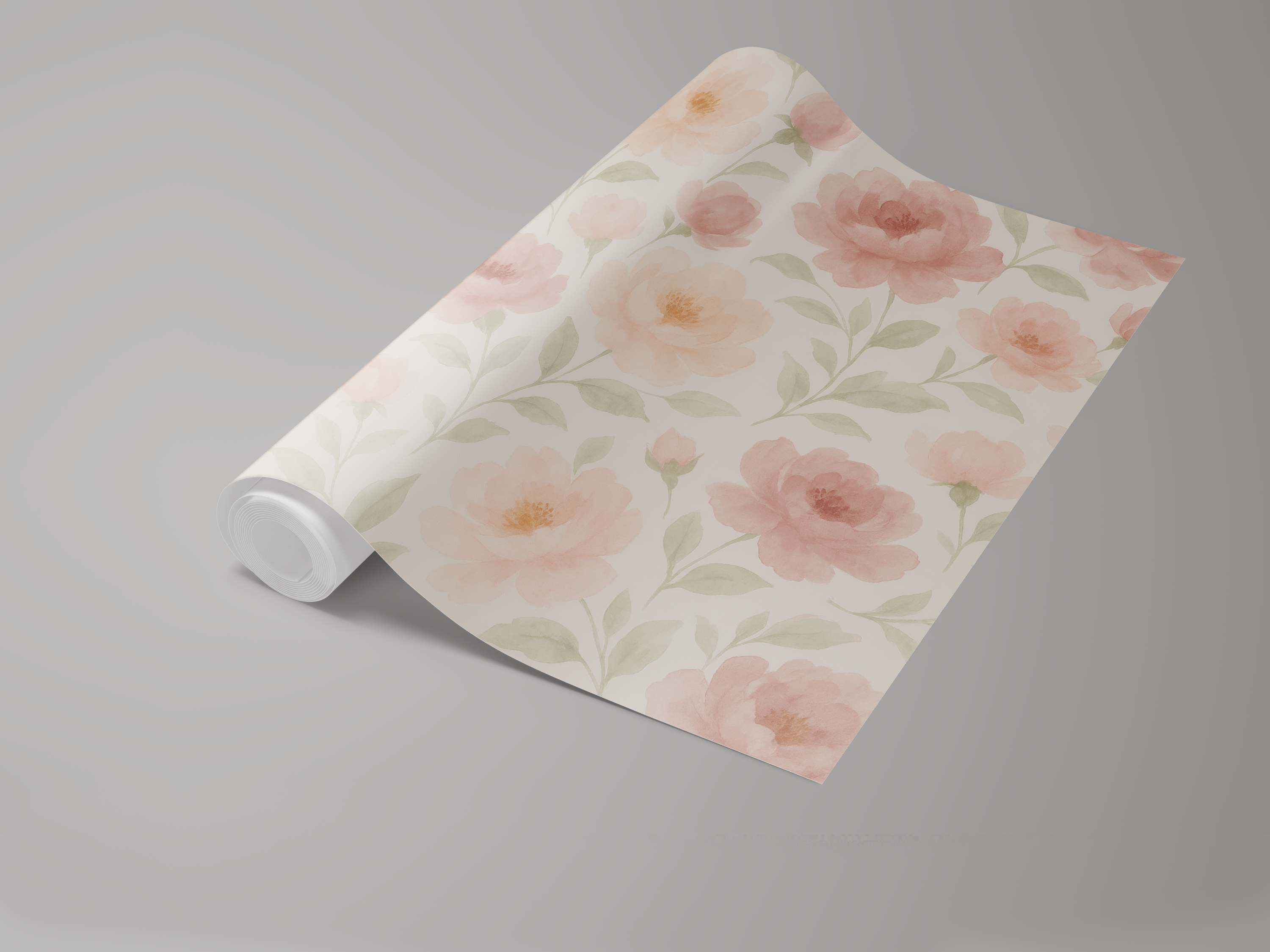 Floral wallpaper with blush roses from Ethereal Garden, rolled on a gray surface.