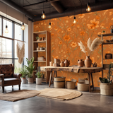 Floral patterned wallpaper in terracotta tones with a botanical design.