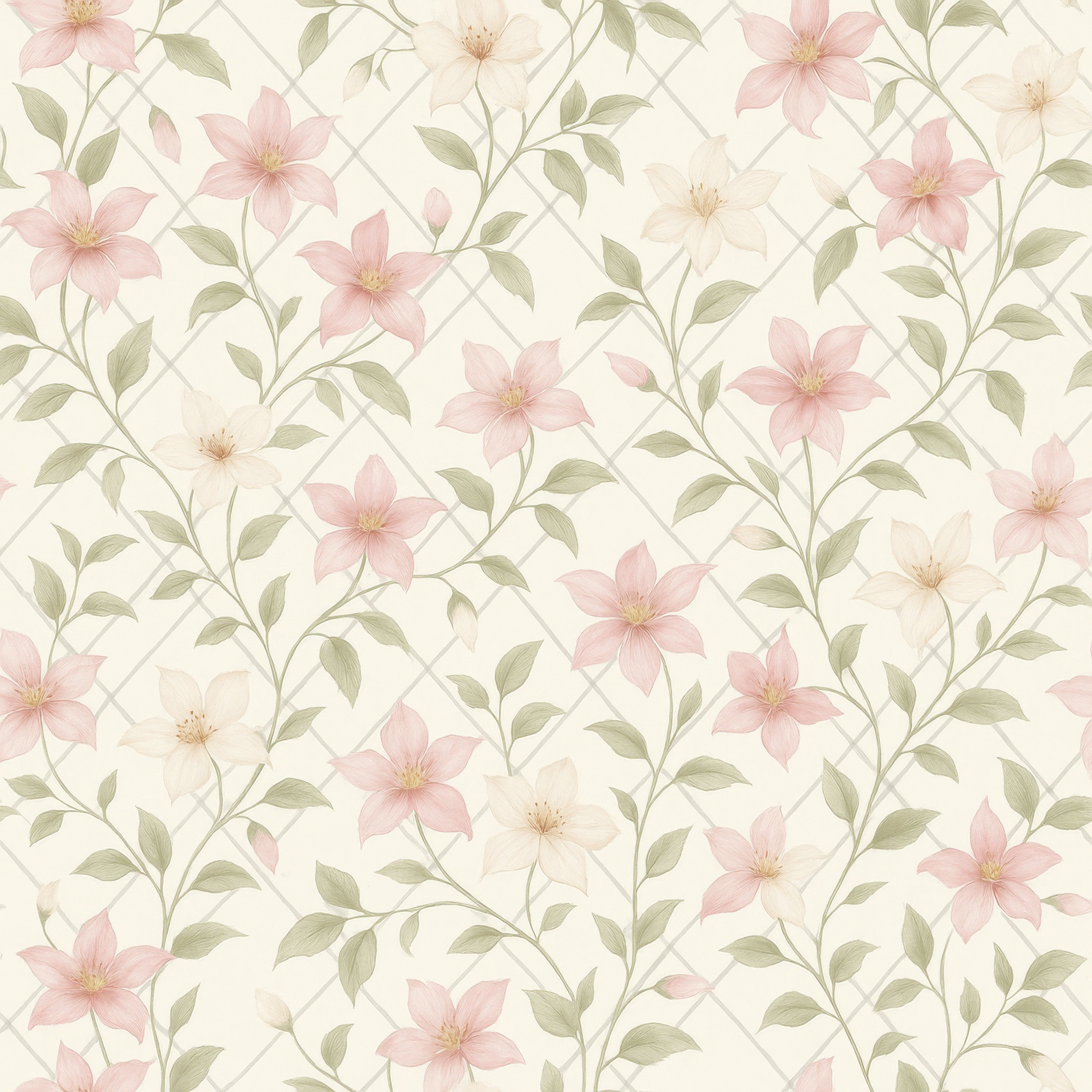 Floral wallpaper with garden trellis pattern, featuring pink and cream flowers on a light background.