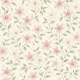 Floral wallpaper with garden trellis pattern, featuring pink and cream flowers on a light background.