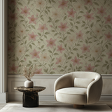Floral trellis wallpaper with pink flowers and green leaves on a textured beige backdrop.