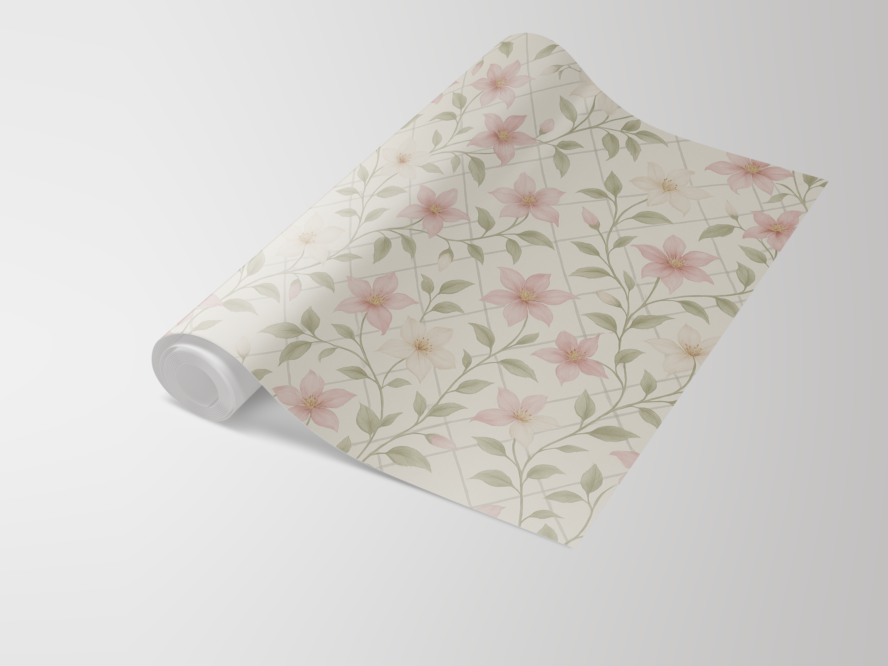 Floral garden trellis wallpaper from an unbranded source, rolled up at the left, with a delicate trellis pattern and pink flowers.