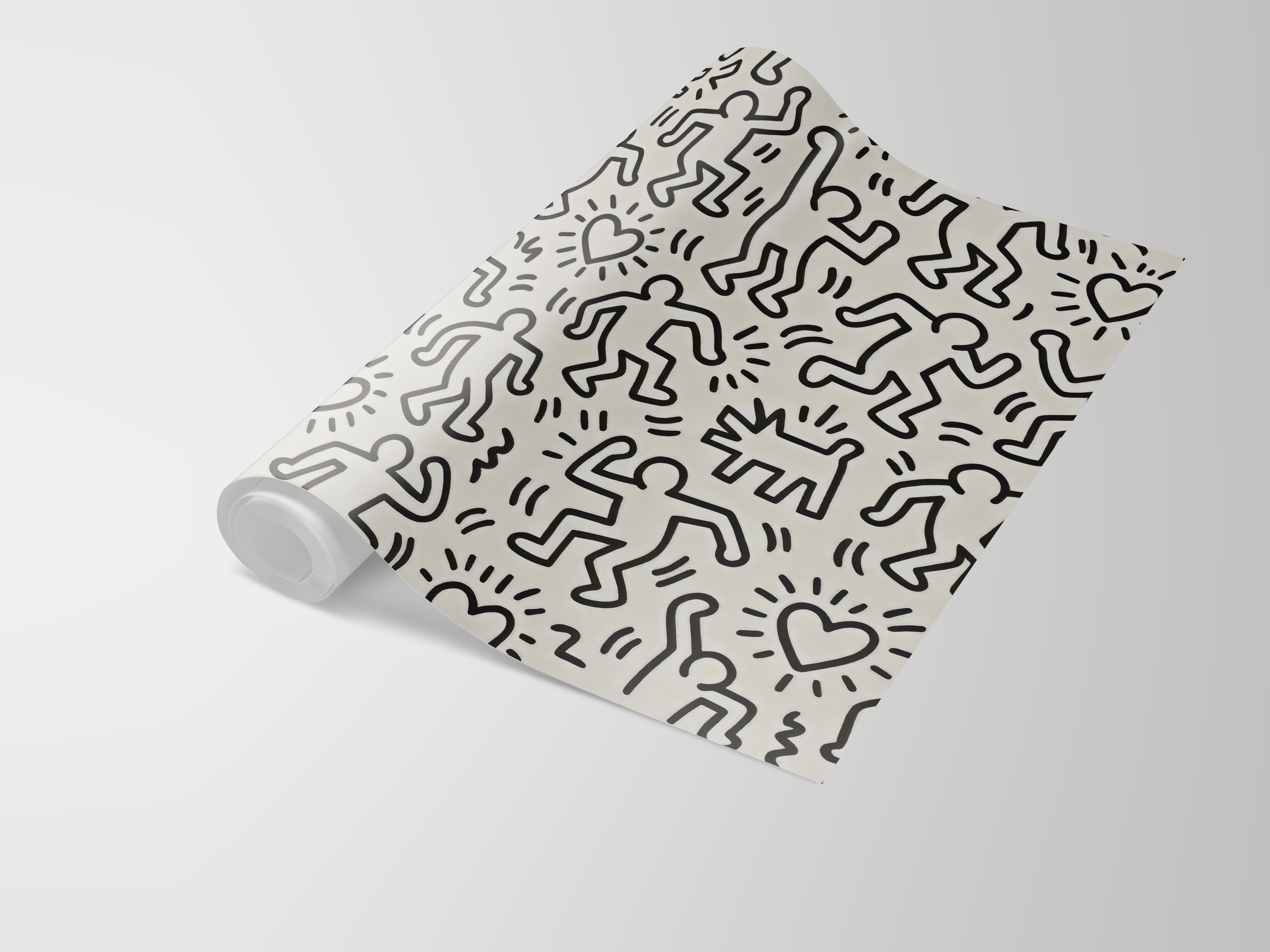Repeating pattern wallpaper from Haring Playhouse featuring cartoon figures and hearts