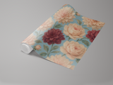 Floral wallpaper with dahlias by Wallshoppe, featuring an artistic rendering of burgundy, peach, and pink blossoms.