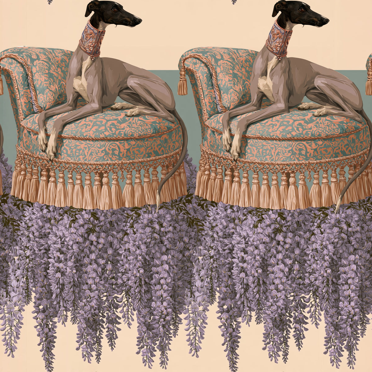 Whippet and Wisteria — wallpaper pattern