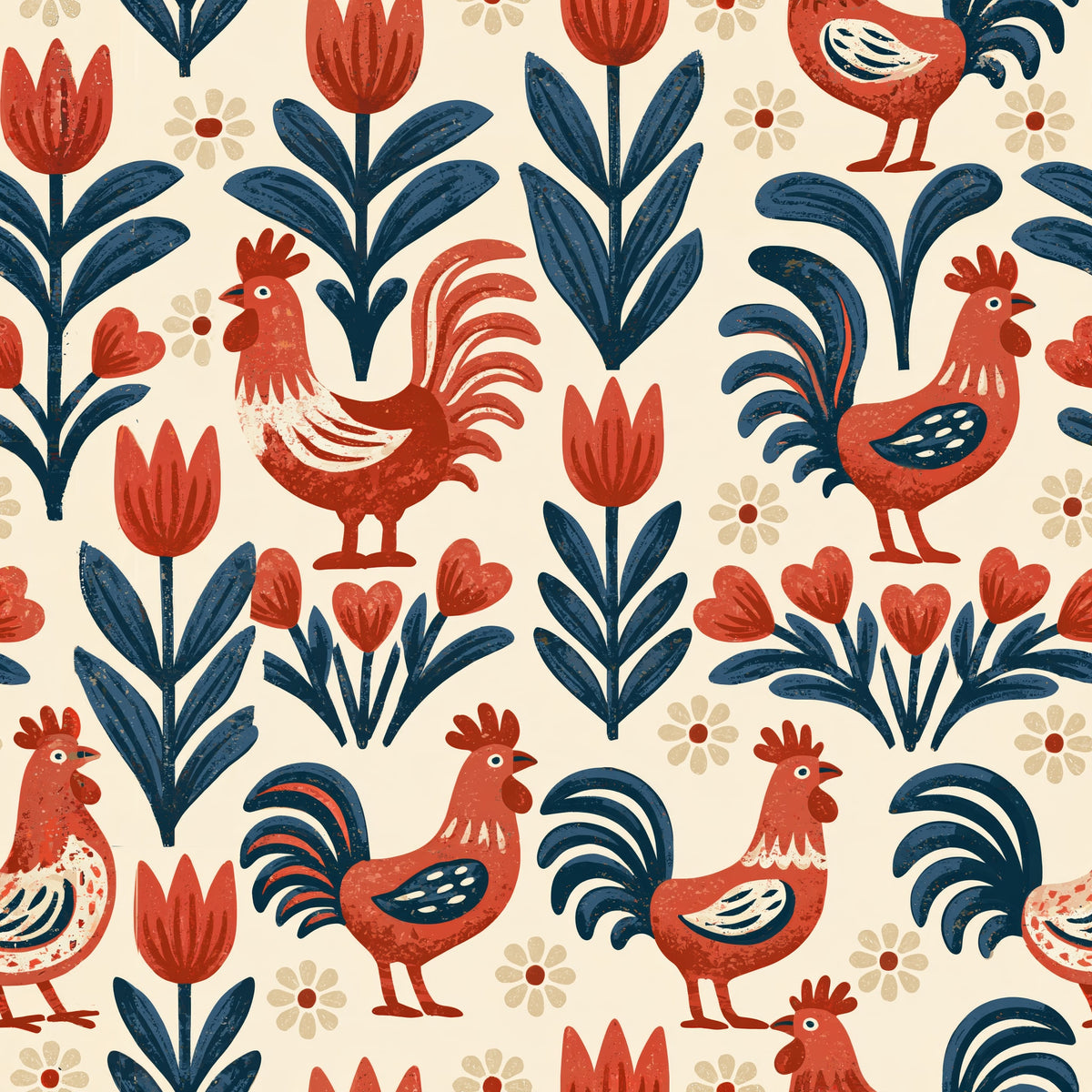 Rooster in the Tulips — wallpaper pattern