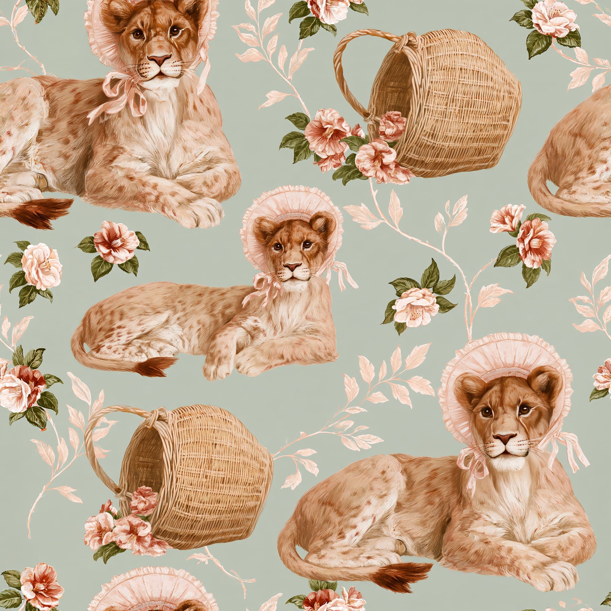 Lions in Bonnets — wallpaper pattern