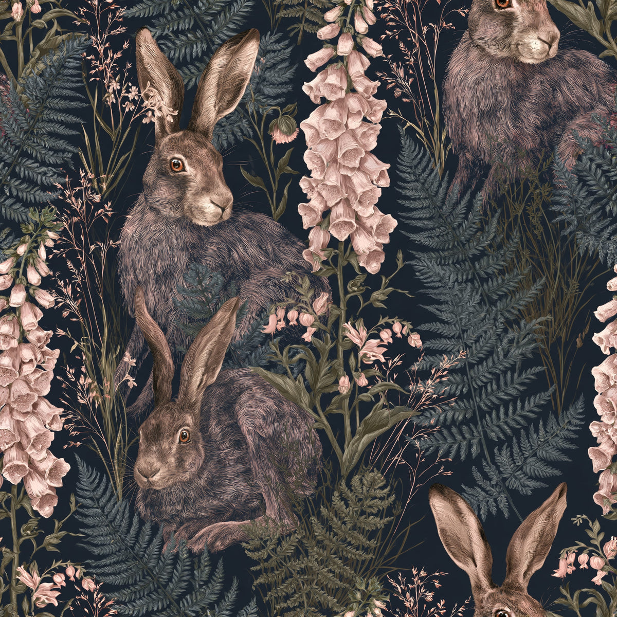 Hare and Foxglove — wallpaper pattern