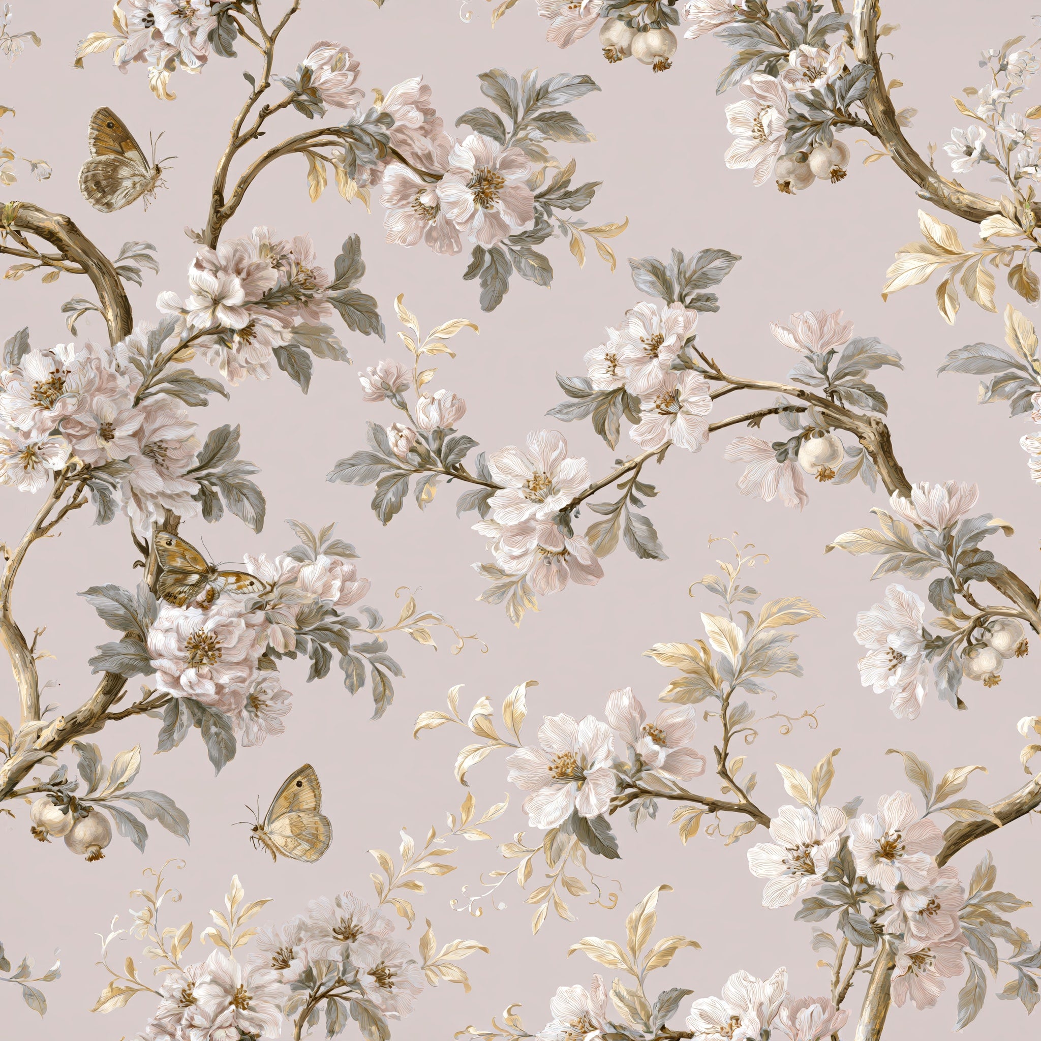 Moth and Blossom Branch — wallpaper pattern