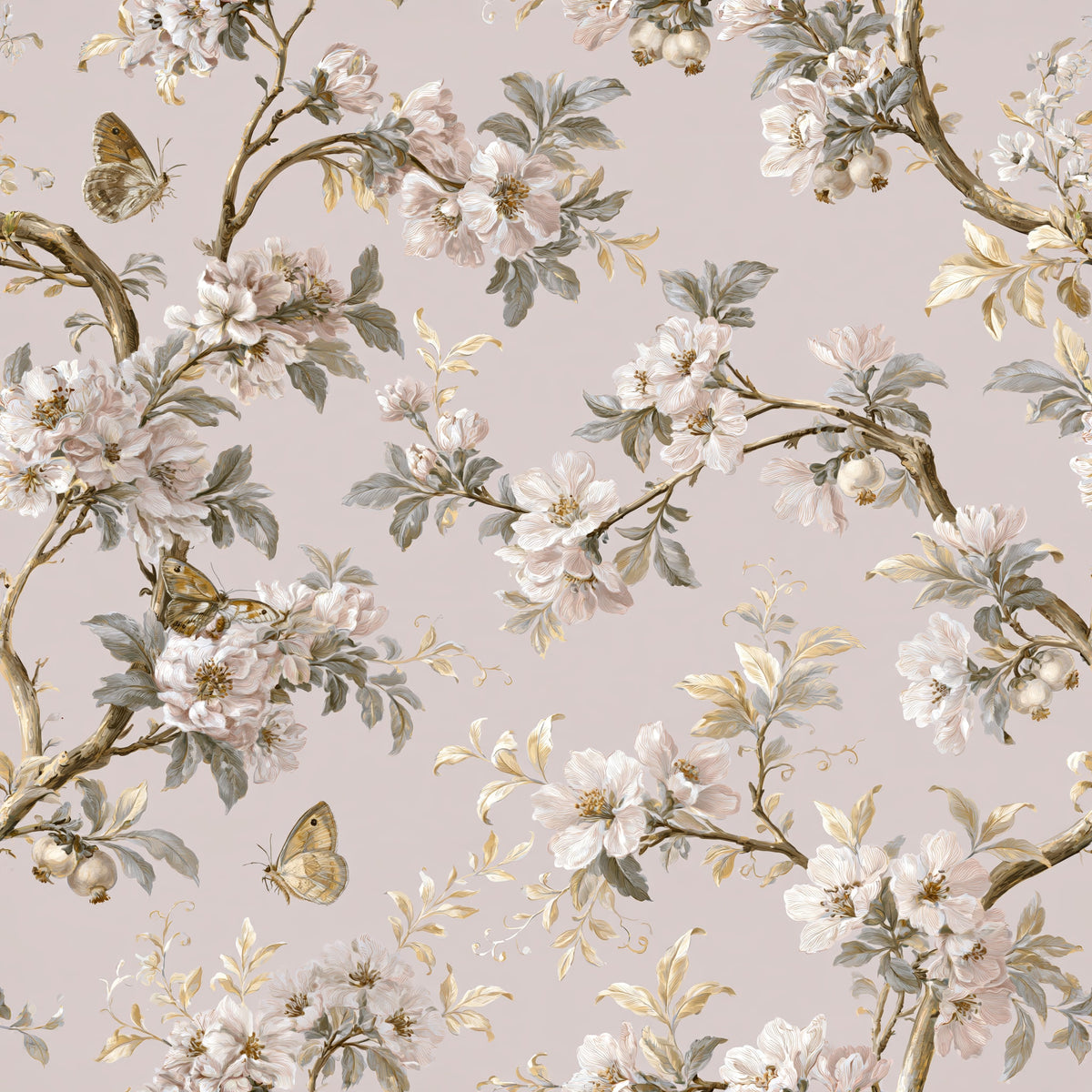 Moth and Blossom Branch — wallpaper pattern