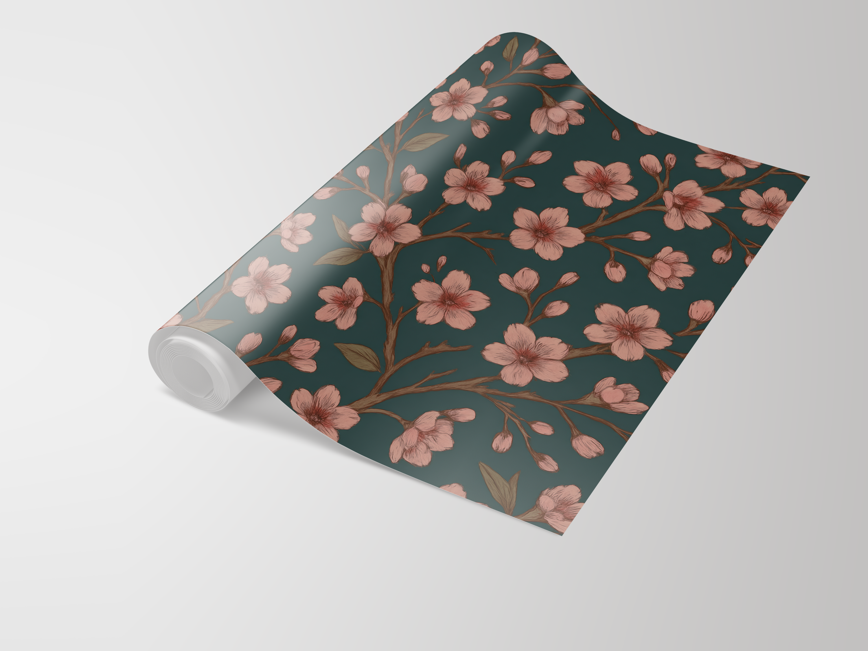 Floral midnight wallpaper with cherry blossom design by a vendor, shown on a roll.
