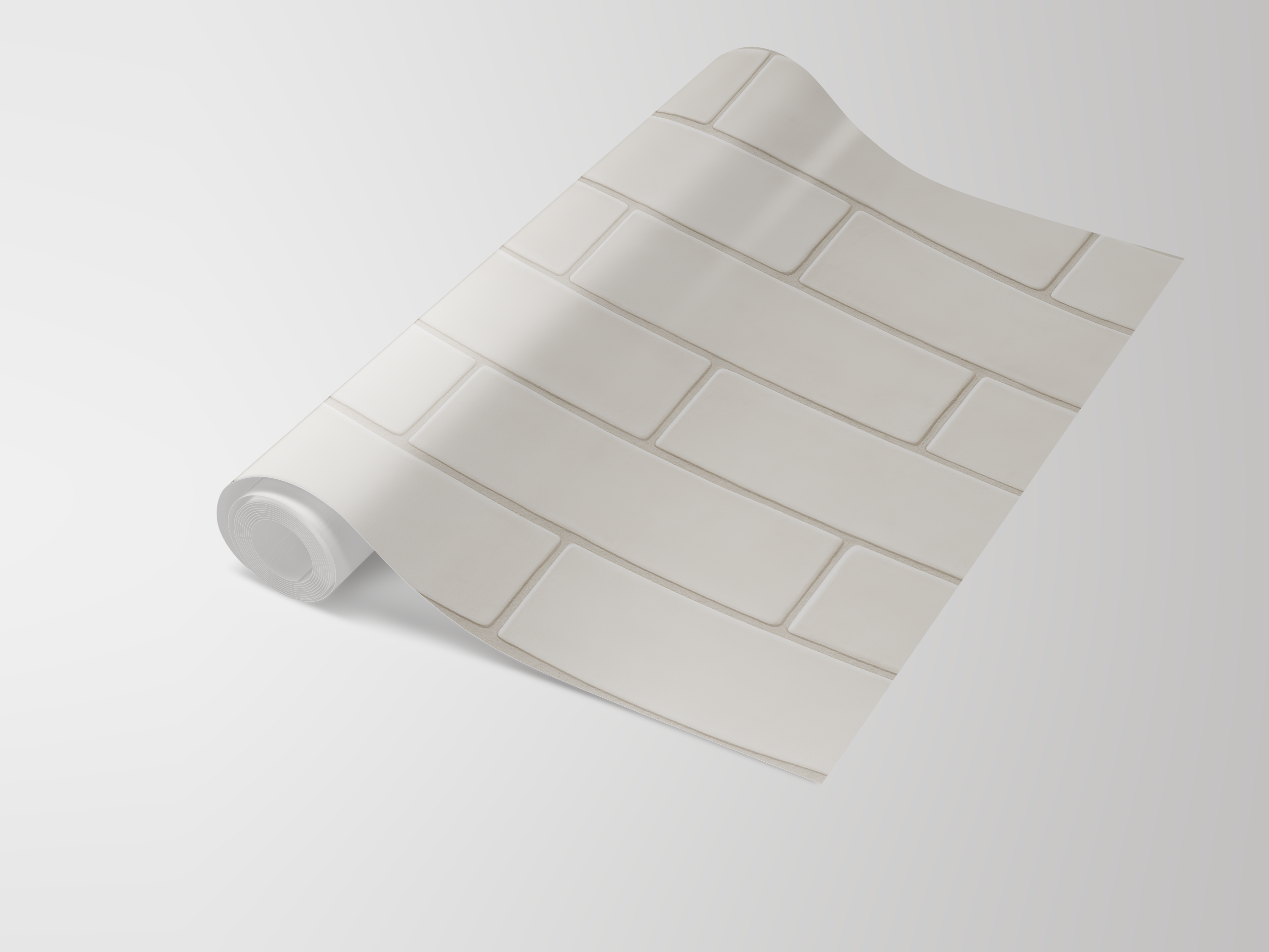 Modern glazed tile wallpaper, by RoomMates, showing a neutral rectangular brick pattern on a roll.