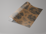 Toile wallpaper with a brown background from an unbranded vendor, featuring black engraved images of nature scenes.