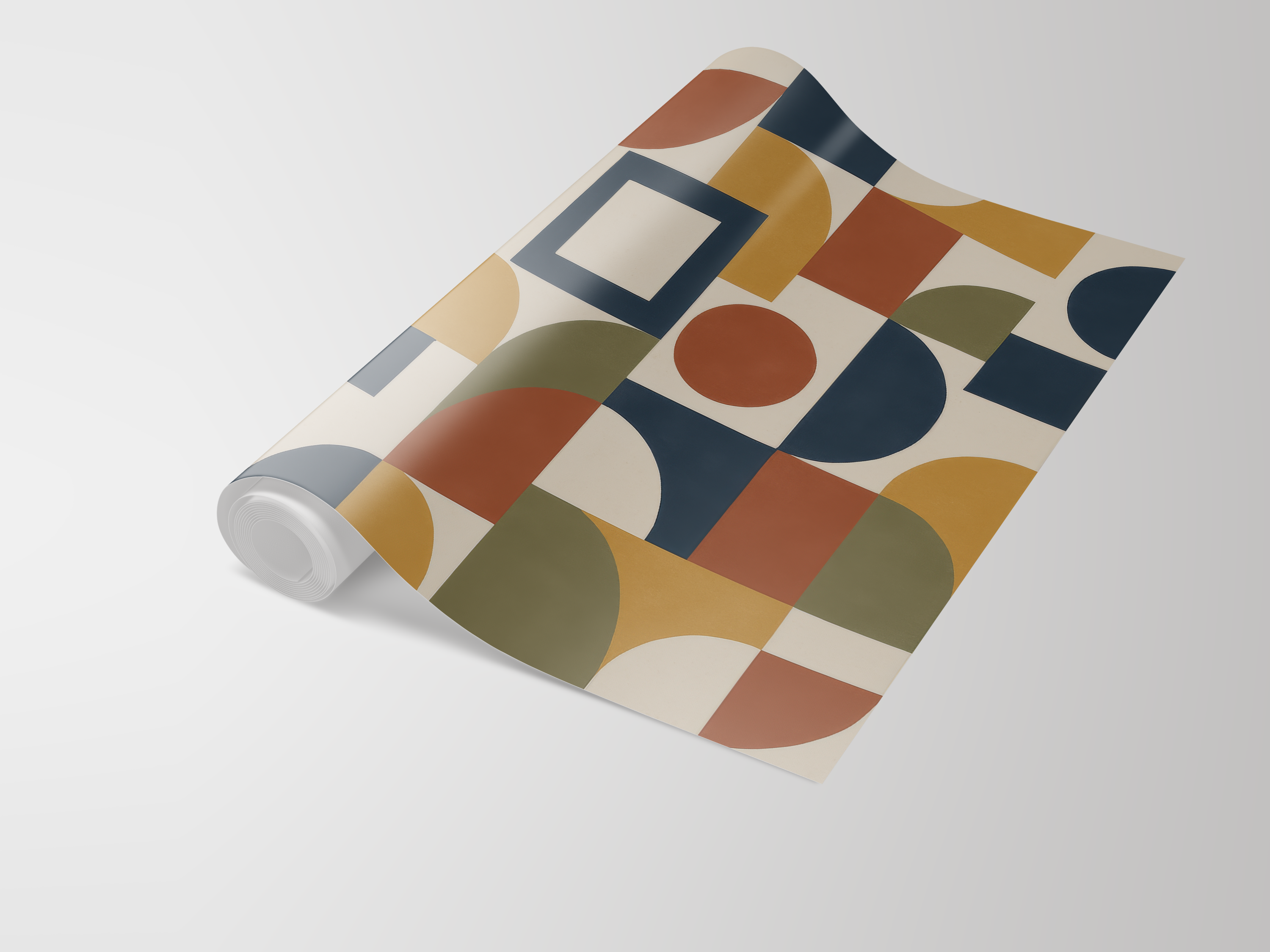 Modernist Blocks Wallpaper with geometric patterns of circles, squares, and triangles in muted tones.