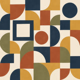 Modernist Blocks Wallpaper with geometric shapes in navy, rust, mustard and olive on a cream background.
